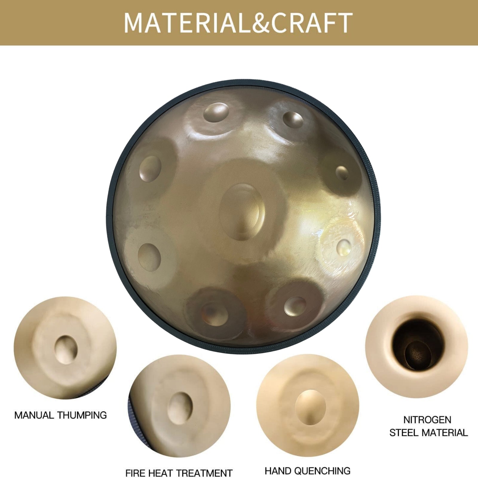 Jam Music 9 Notes Handpan 22' Inch Steel Hand Drum In Minor D 440Hz - Gold