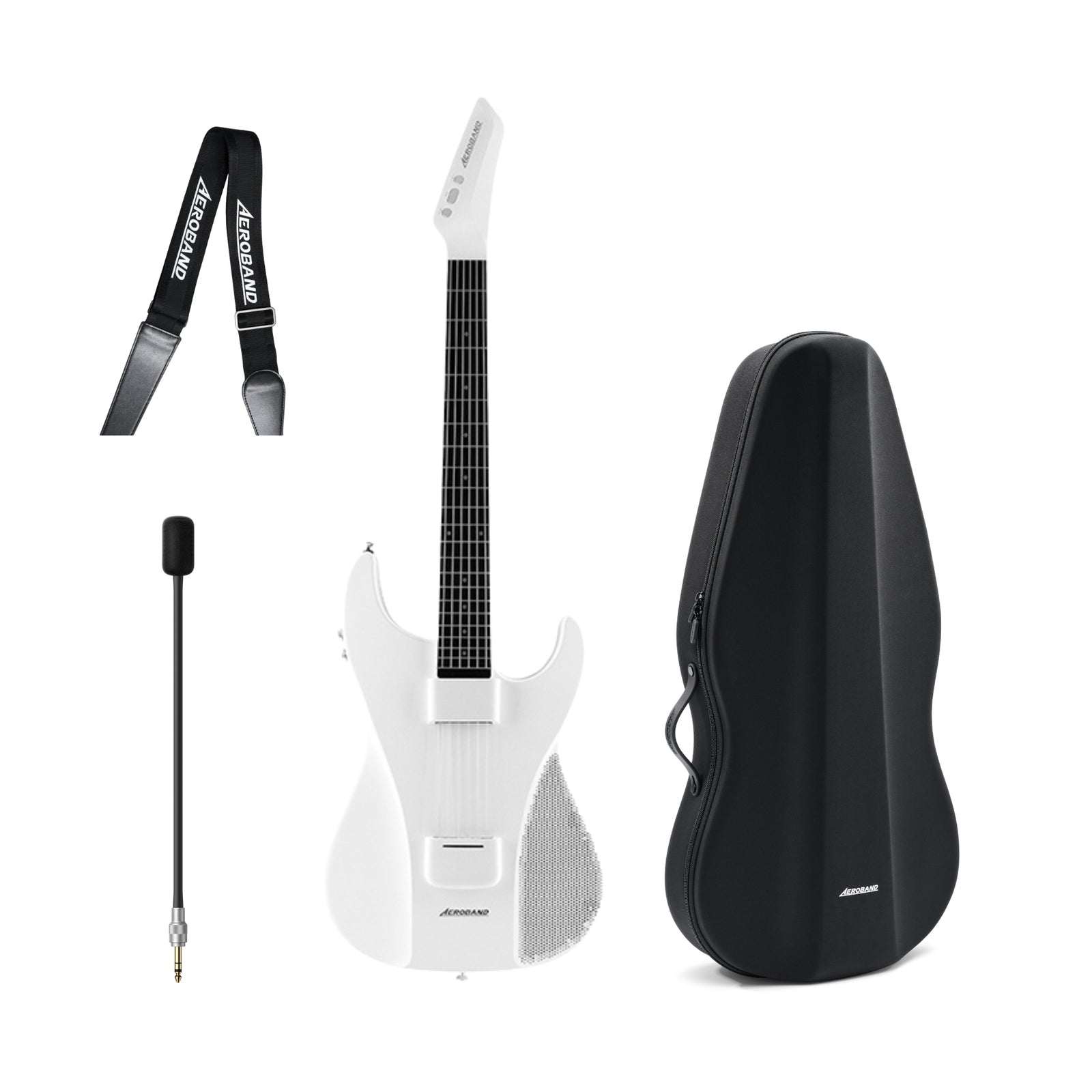 White AeroBand Smart electric guitar with black strap, microphone, and case on a white background