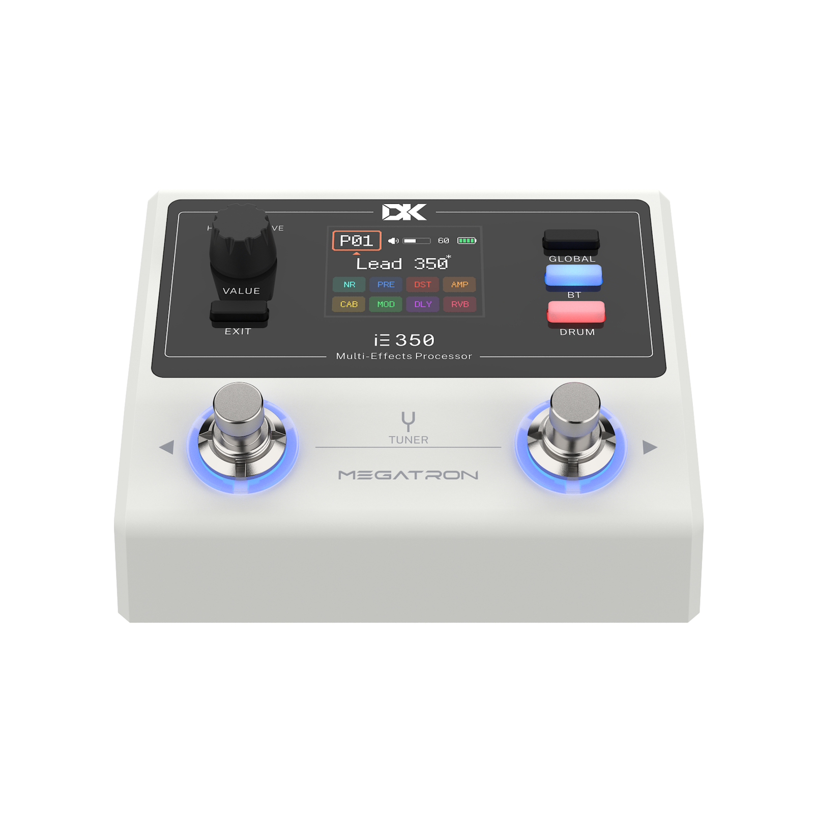 DK ie350 Guitar effects pedal with digital display and control knobs on a white background