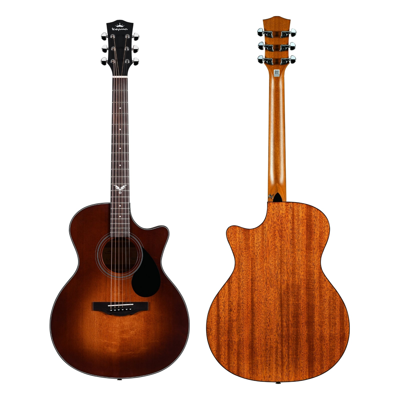 Two acoustic guitars, one brown and one with a more polished finish, on a white background.