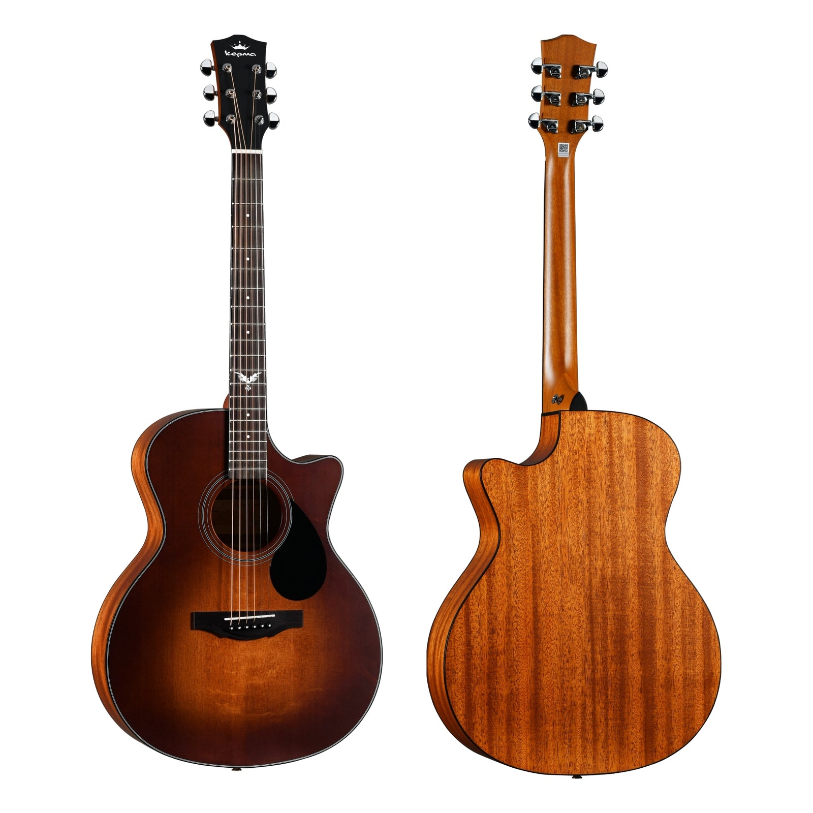 Two acoustic guitars, one brown and one with a different wood finish, on a white background.