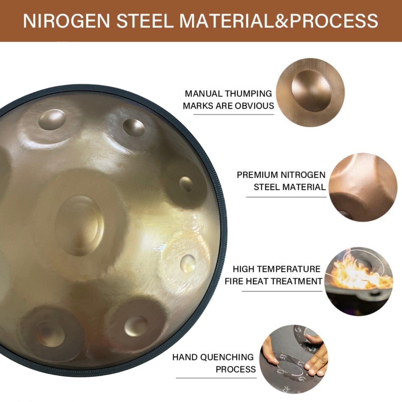 Jam Music 9 Notes Handpan 22' Inch Steel Hand Drum In Minor D 440Hz - Gold