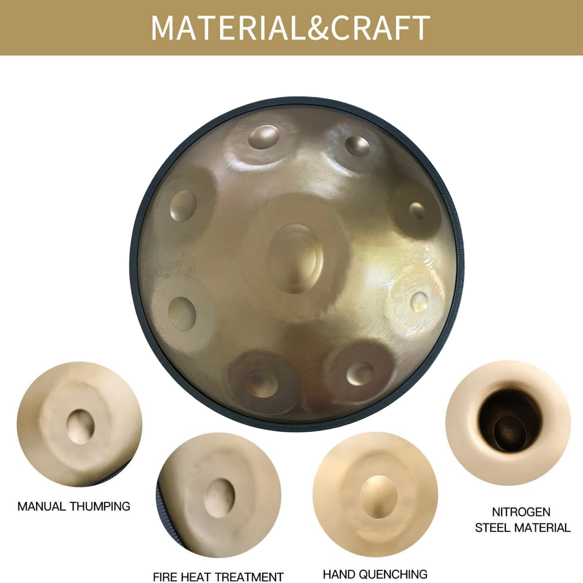 Jam Music 9 Notes Handpan 22' Inch Steel Hand Drum In Minor D 440Hz - Gold