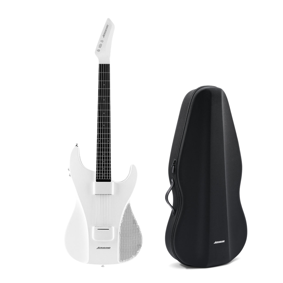 White electric guitar with black case on a white background Aeroband-White