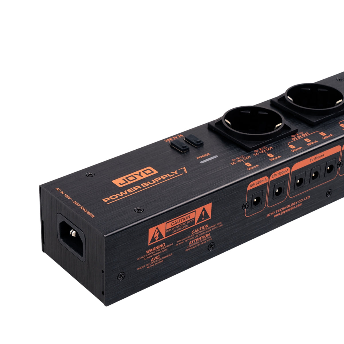 Joyo JP-07 Black power supply unit with multiple power sockets outputs for guitar effects pedals left side